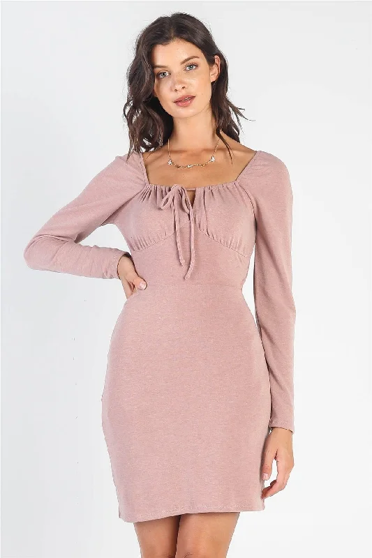 Mini Dresses for chic rooftop parties-Dusty-Mauve Bust Self-Tie Cut-Out Long Sleeve Mini Dress /3-2-1