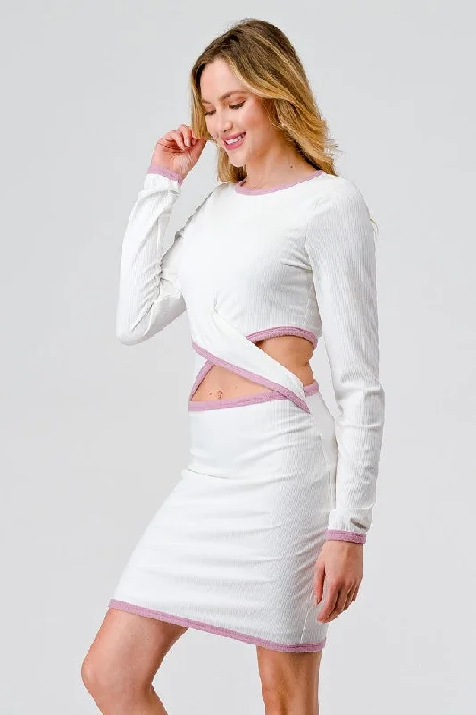 Mini Dresses for summer beach fun-Ivory & Pink Ribbed Long Sleeve Cut-Out Criss-Cross Front Mini Dress /1-2-1-1