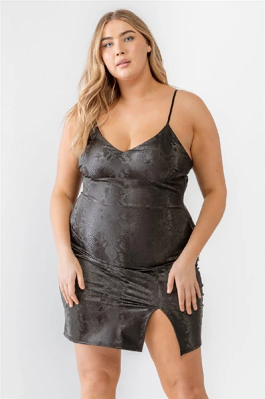 Mini Dresses for casual summer evenings-Plus Size Snake Vegan Leather Sleeveless Mini Dress