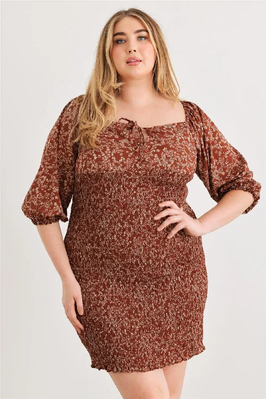 Mini Dresses with high-low hemlines-Plus Size Floral Smocked Puff Sleeve Mini Dress