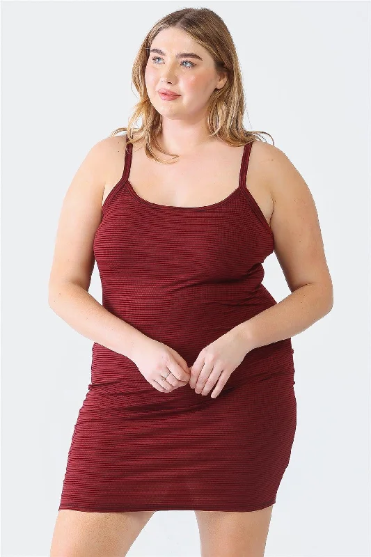 Mini Dresses with loose-flowing skirts-Plus Size Burgundy Stripe Print Mini Dress