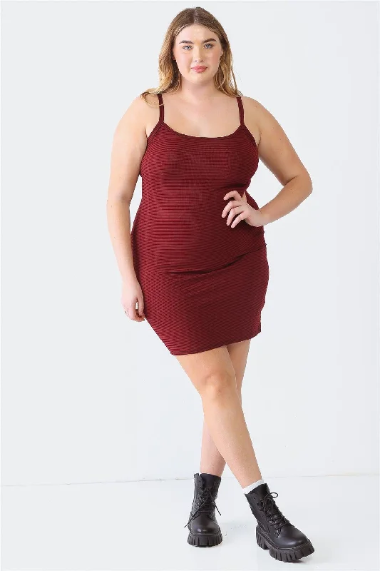 Mini Dresses for a stylish weekend vibe-Plus Size Burgundy Stripe Sleeveless Mini Dress