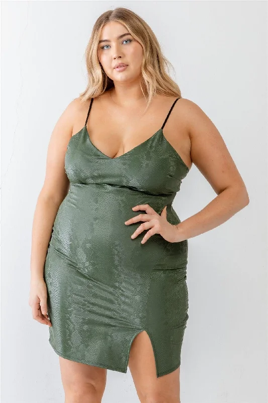 Mini Dresses for a chic summer wedding-Plus Size Olive Snake Vegan Leather Strappy Mini Dress