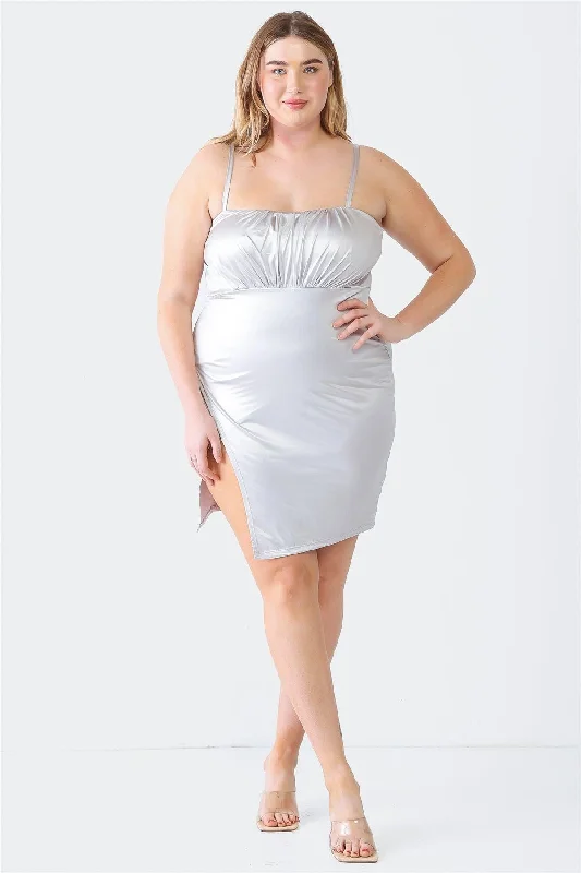 Mini Dresses for casual weekend brunch-Plus Size Satin Sleeveless Strappy Wrap Hem Mini Dress