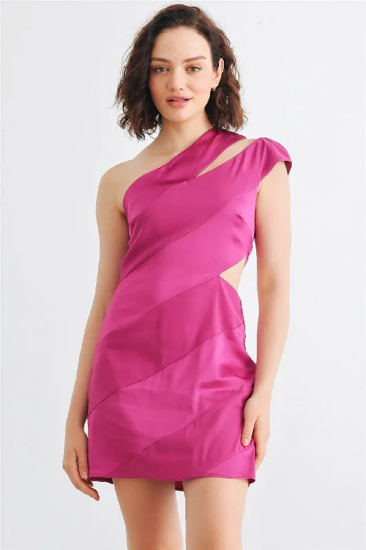 Mini Dresses for a timeless, classic look-Magenta Satin Asymmetrical One Shoulder Cut-Out Mini Dress