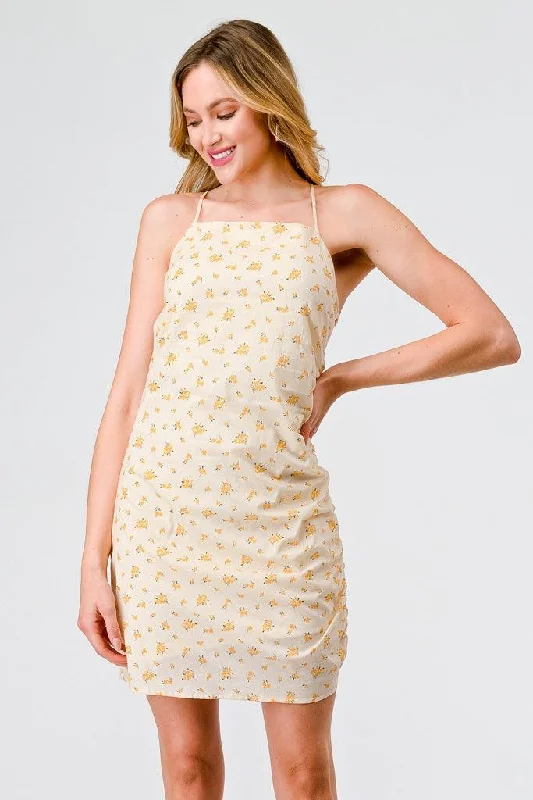 Mini Dresses for a chic, modern twist-Yellow Ditsy Cotton Strappy Ruched Mini Dress /3-2-1