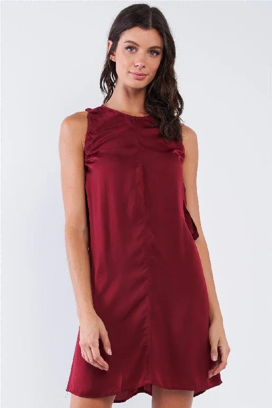 Mini Dresses for summer sunset parties-Wine Red Satin Loose Fit Sleeveless Round Neck Mini Dress With Side Ribbon Draw String Ties Dress