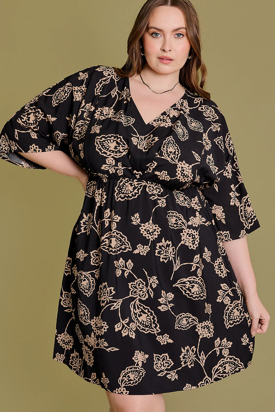 Mini Dresses for everyday sophistication-Plus Size Floral A-Line 3/4 Sleeve Mini Dress