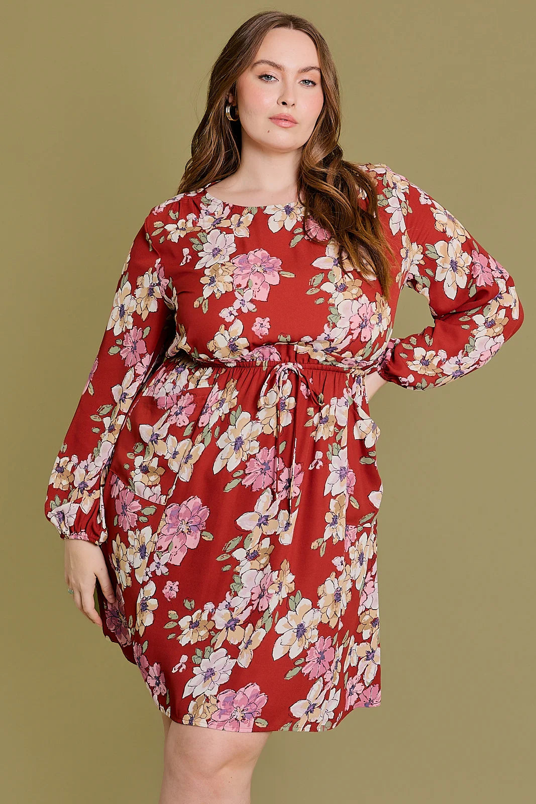 Mini Dresses with frayed edges-Plus Size Floral Ruffle Waist Chiffon Mini Dress