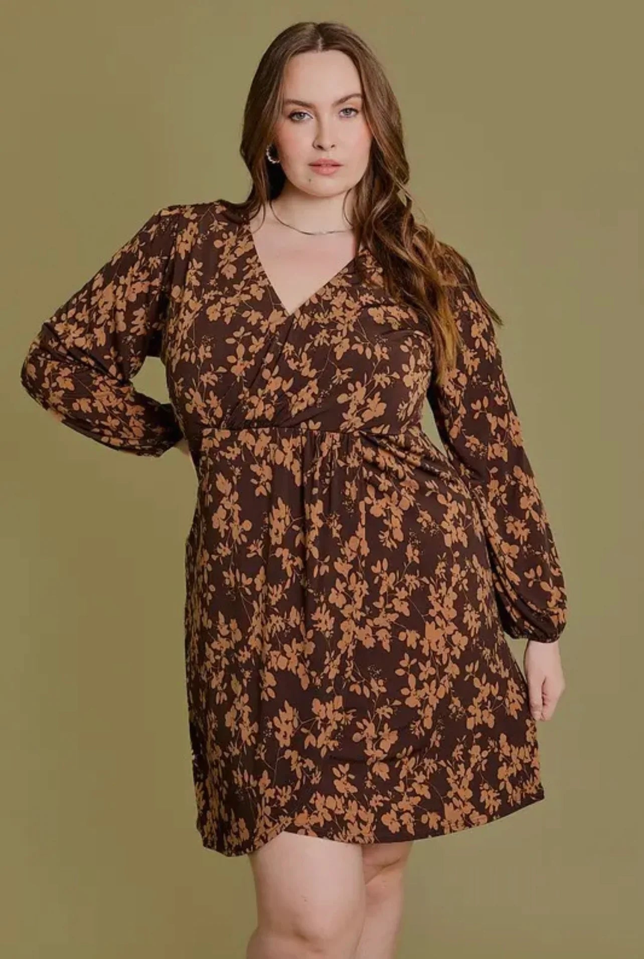 Mini Dresses with satin finish-Plus Size Wrap Floral Shirring Mini Dress