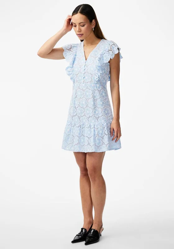 Mini Dresses for beachside evenings-Y.A.S Beauty Broderie Mini Dress, Clear Sky & White