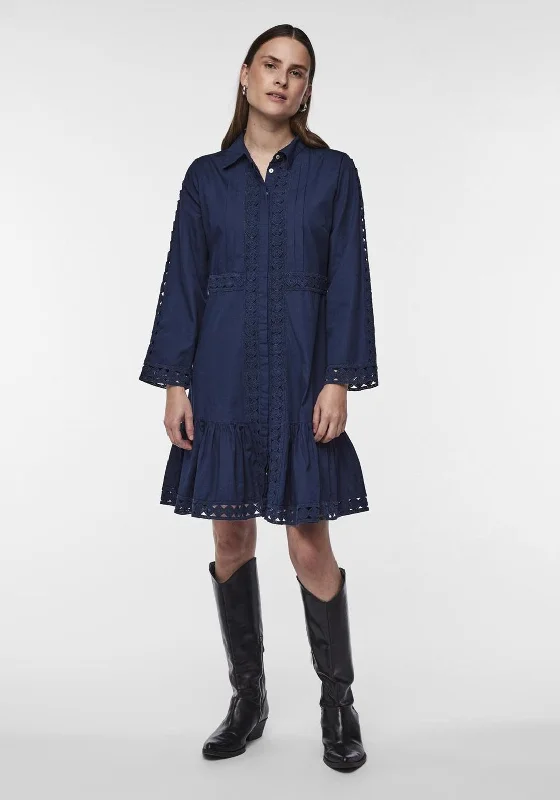 Mini Dresses with a touch of sparkle-Y.A.S Janna Crochet Trim Mini Shirt Dress, Dark Blue