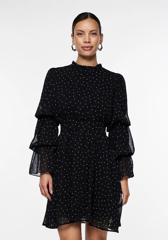 Mini Dresses with chiffon fabric-Y.A.S Eleanor Ruffle Sleeve Polka Dot Mini Dress, Black