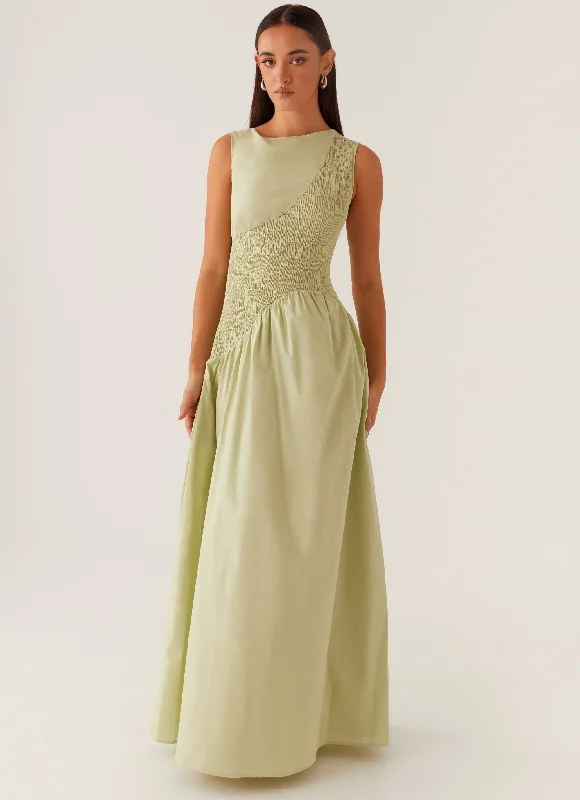 Maxi dresses for a chic evening gathering at a luxury hotel -Altitude Shirred Maxi Dress - Pastel Green