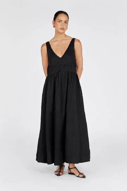 Maxi dresses with satin fabric for an elegant evening look -ARLO BLACK V NECK LINEN MAXI DRESS