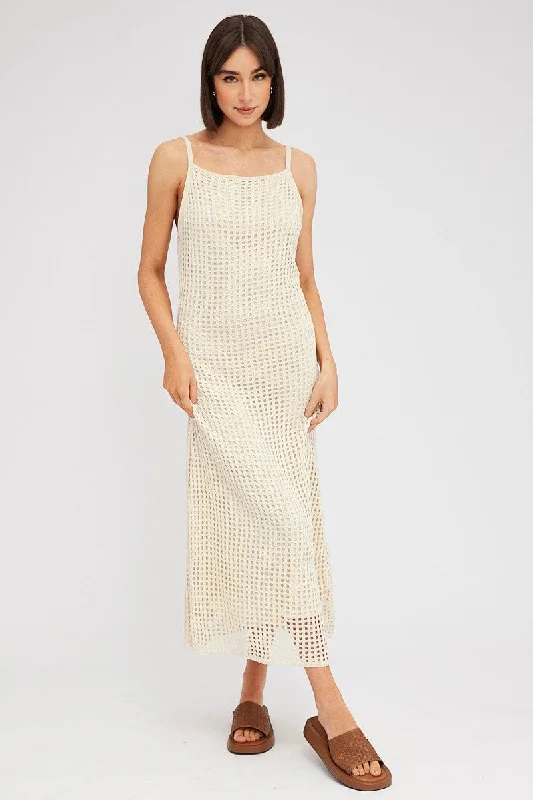 Maxi dresses for a luxury destination wedding by the beach -Beige Knit Dress Sleeveless Maxi Crochet