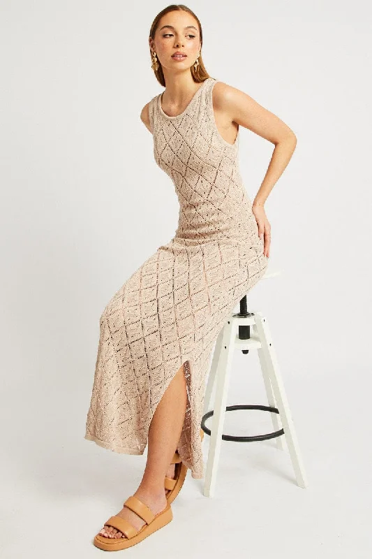 Maxi dresses for a chic garden party in the evening -Beige Knit Dress Sleeveless Maxi