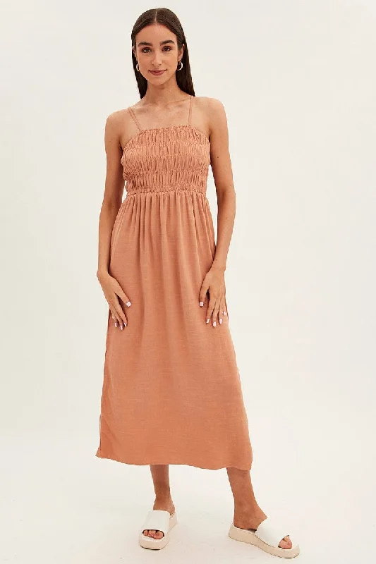 Maxi dresses for a luxurious family gathering at a resort -Beige Maxi Dress With Straps Shirring Linen Blend