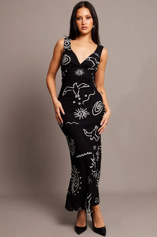 Maxi dresses for a sophisticated family dinner by the lake -Black Abstract Maxi Dress Plunge V Neck Dress