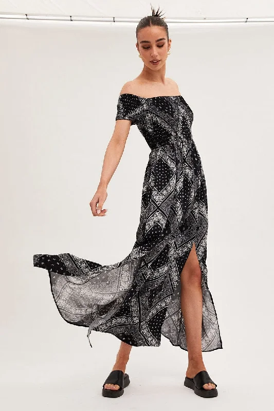 Maxi dresses for a glamorous night out with friends in the city -Black Boho Maxi Dress Off Shoulder