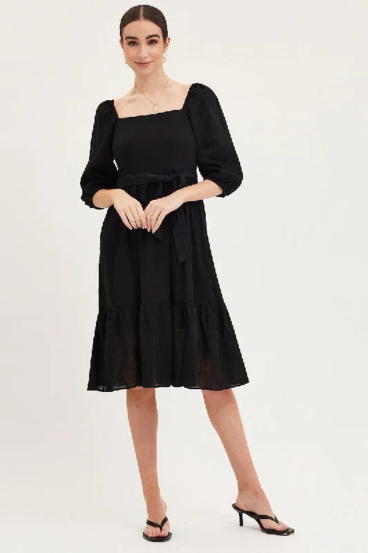 Maxi dresses with tulle for a soft, dreamy look -Black Dress Puff Sleeve Maxi