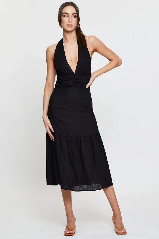 Maxi dresses for a sophisticated evening in an upscale restaurant -Black Dress Sleeveless Maxi Halter Neck