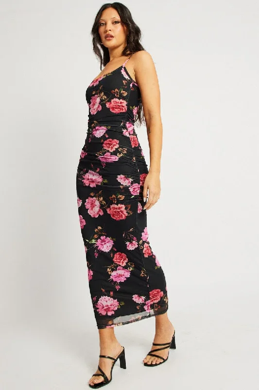 Maxi dresses for a formal dinner celebration in an exclusive venue -Black Floral Bodycon Dress Singlet Maxi