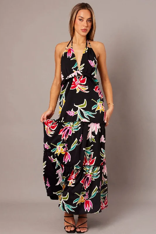 Maxi dresses with modern prints for a chic day out -Black Floral Halter Neck Ruffle Tiered Maxi Dress