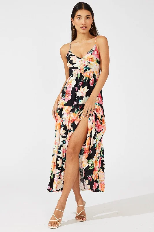 Maxi dresses for an intimate dinner gathering in the countryside -Black Floral Maxi Dress Sleeveless V-Neck