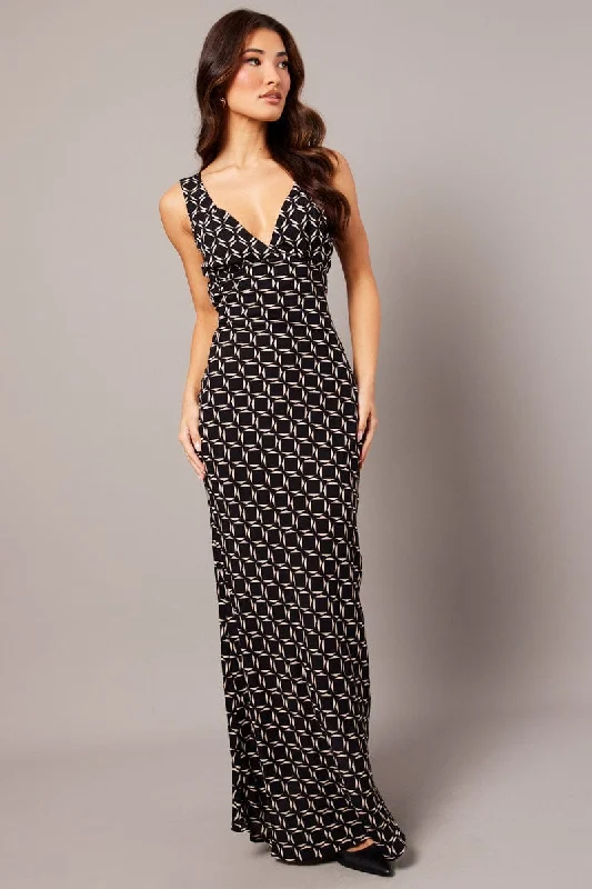 Maxi dresses for a luxurious evening wedding in the city -Black Geo Slip Dress Maxi