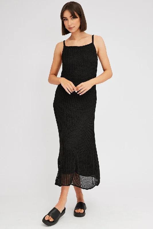 Maxi dresses for a sophisticated evening in an upscale restaurant -Black Knit Dress Sleeveless Maxi Crochet