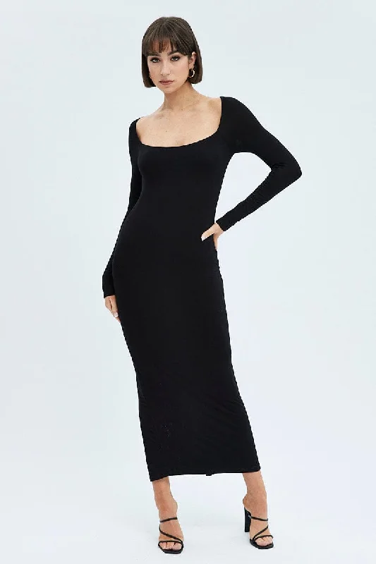 Maxi dresses for an intimate dinner celebration at a high-end venue -Black Maxi Dress Long Sleeve Bodycon