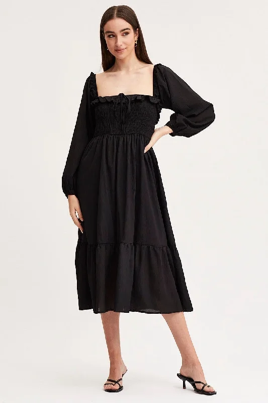 Maxi dresses with intricate lace for a romantic vibe -Black Maxi Dress Long Sleeve Square Neck