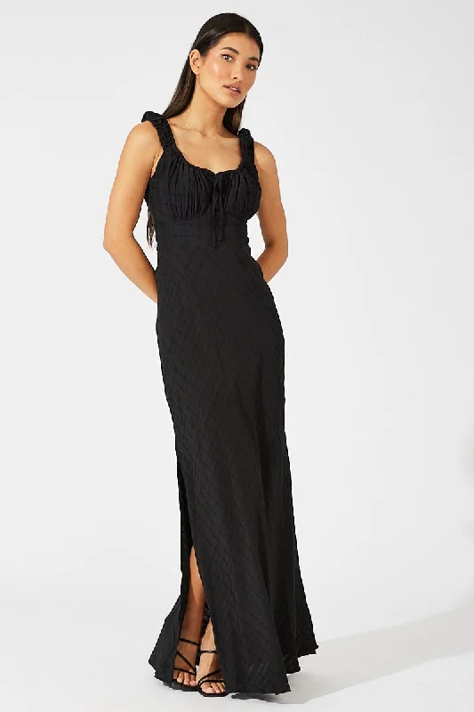 Maxi dresses for a tropical wedding at a resort -Black Maxi Dress Short Sleeve Ruched Bust