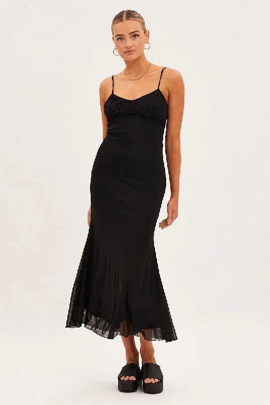 Maxi dresses for a romantic celebration at a tropical resort -Black Maxi Dress Sleeveless Gathering Bust Mesh