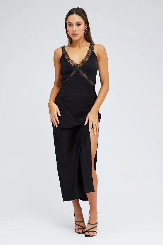 Maxi dresses for a formal family event at a luxury venue -Black Maxi Dress Sleeveless Satin Lace Trim