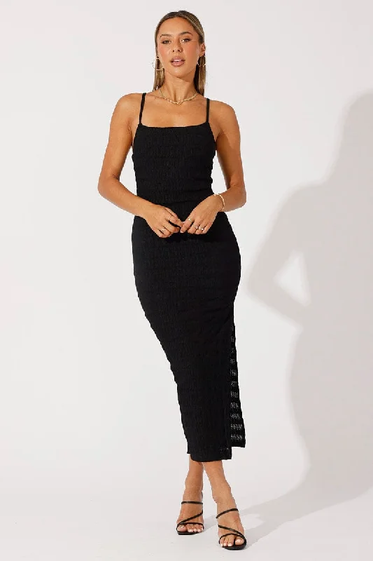 Maxi dresses for a formal family event at a luxury venue -Black Maxi Dress Square Neck Bodycon Textured