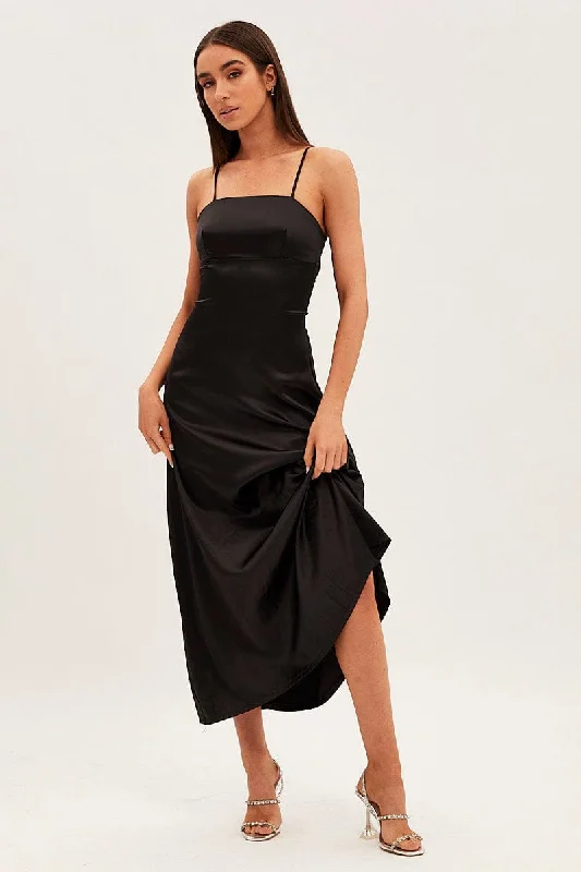 Maxi dresses with a deep plunge neckline for a dramatic effect -Black Satin Straight Maxi Dress