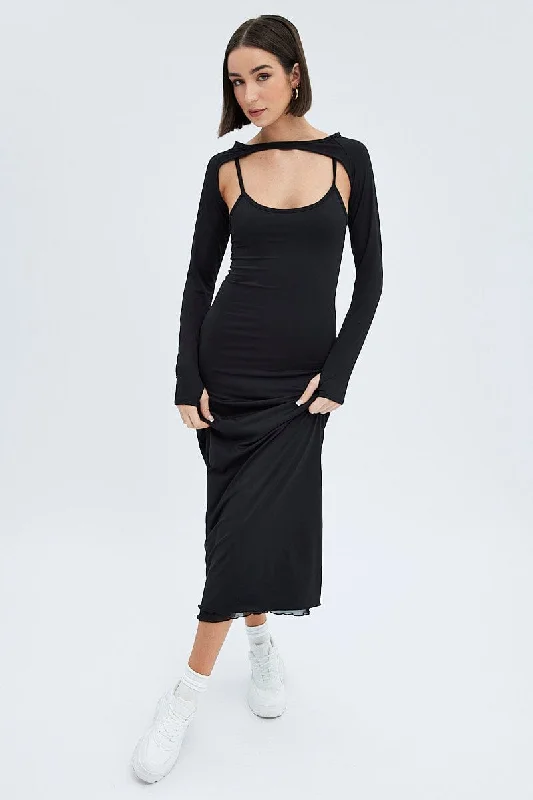 Maxi dresses for a stylish formal evening in the city -Black Shrug & Dress Set Long Sleeve Maxi Bodycon Jersey