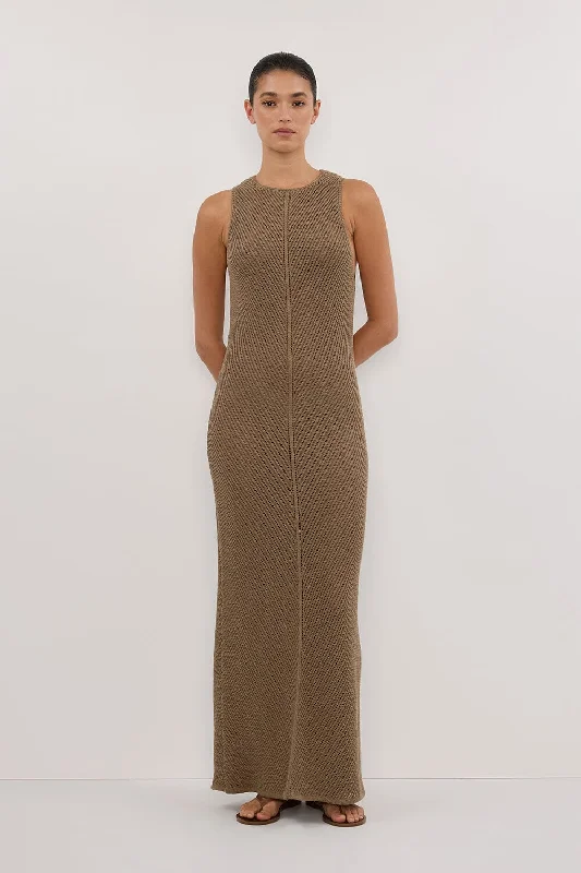 Maxi dresses for a glamorous dinner celebration on a yacht -BLOOM OLIVE CROCHET KNIT MAXI DRESS