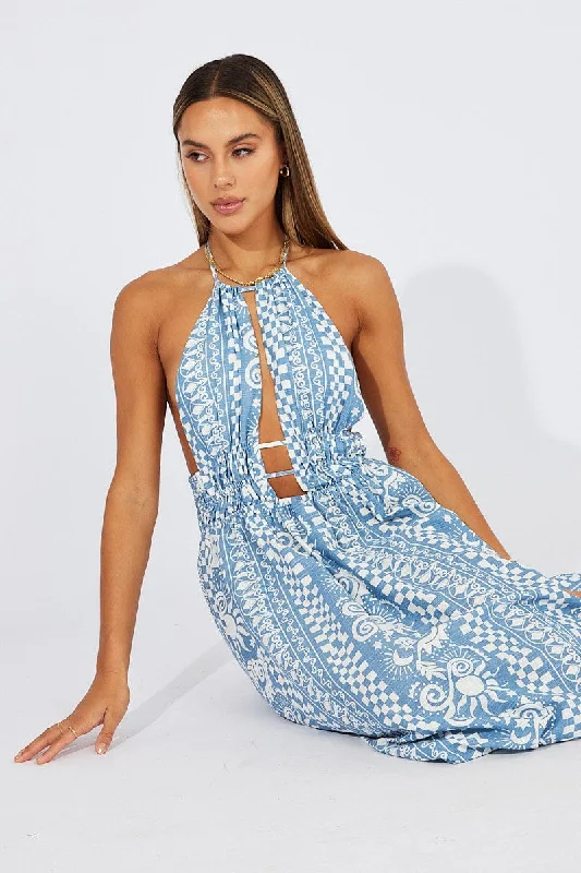 Maxi dresses for a glamorous event at a luxury penthouse -Blue Abstract Maxi Dress Halter Neck