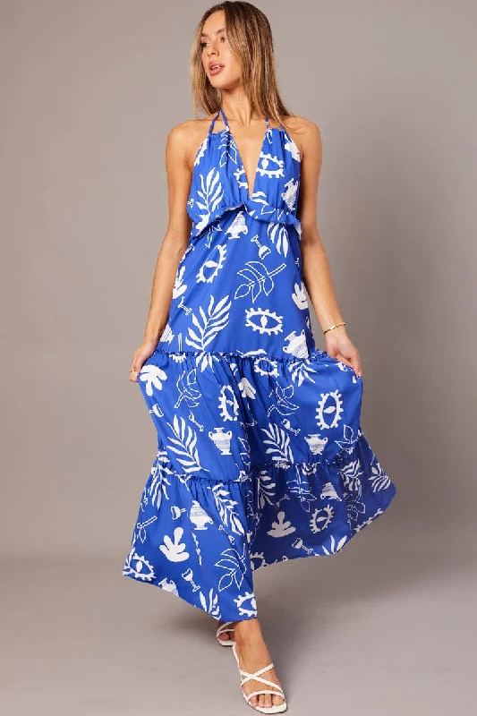 Maxi dresses for a formal evening celebration at a mansion -Blue Abstract Maxi Dress Halter Neck Tiered Ruffle Dress