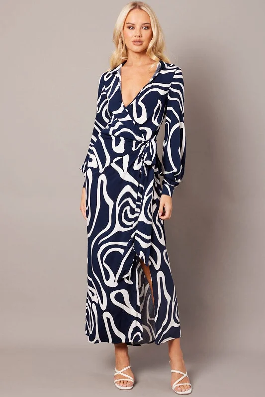 Maxi dresses for a formal celebration at a luxury hotel -Blue Abstract Wrap Maxi Dress Shirt Dress