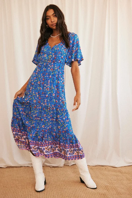 Maxi dresses for an outdoor family celebration at a vineyard -Blue Boho Maxi Dress Short Sleeve V-Neck