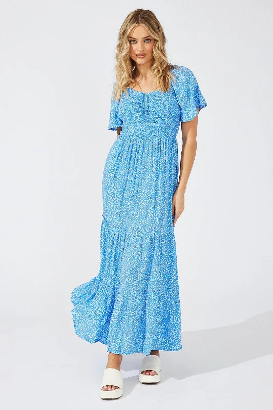 Maxi dresses for an elegant formal evening gathering by the sea -Blue Ditsy Maxi Dress Short Sleeve Shirred