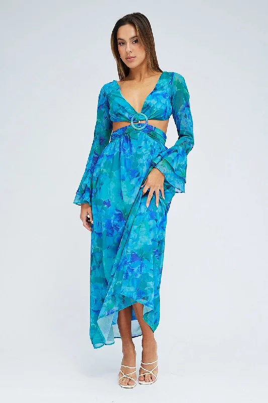 Maxi dresses for a casual outdoor celebration at the beach -Blue Floral Maxi Dress Flared Sleeve Ring Detail Chiffon