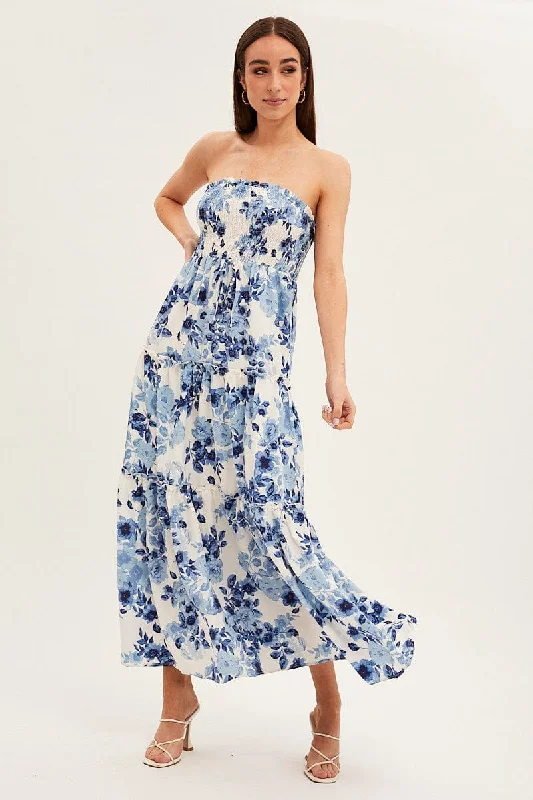 Maxi dresses for a sophisticated summer wedding reception -Blue Floral Maxi Dress Shirred Bust Strapless