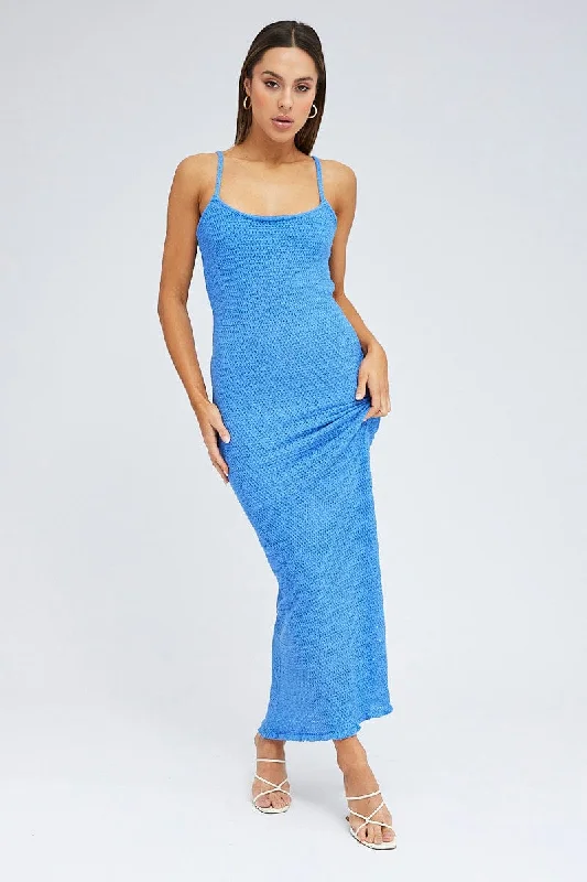 Maxi dresses for a romantic destination wedding reception -Blue Knit Dress Maxi Crochet