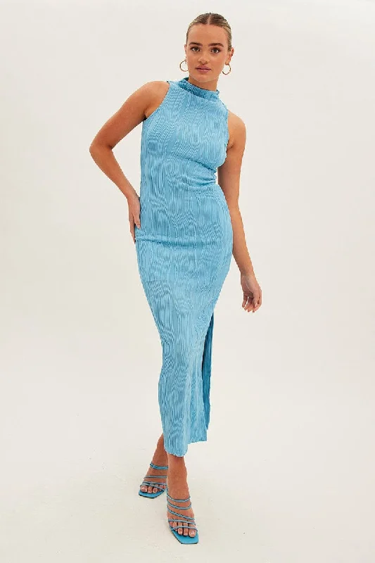 Maxi dresses with a deep neckline for an elegant look -Blue Maxi Dress High Neck Sleeveless