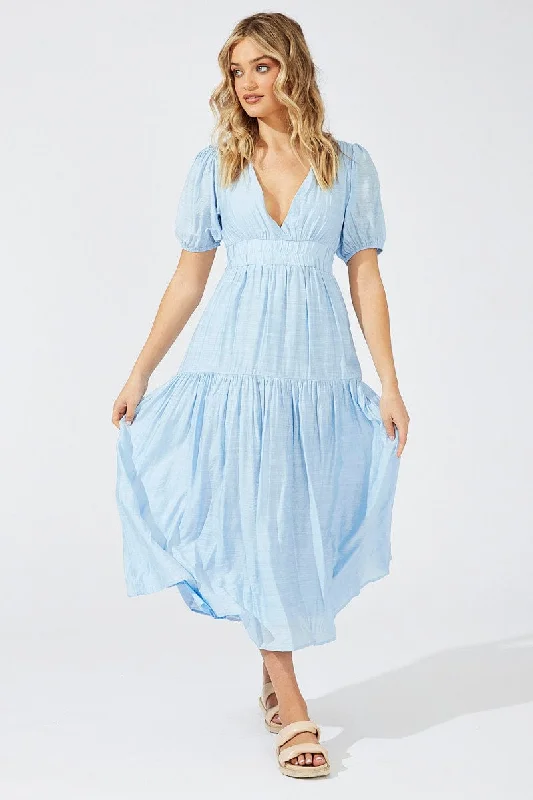 Maxi dresses for a glamorous beach wedding reception at dusk -Blue Maxi Dress Puff Sleeve